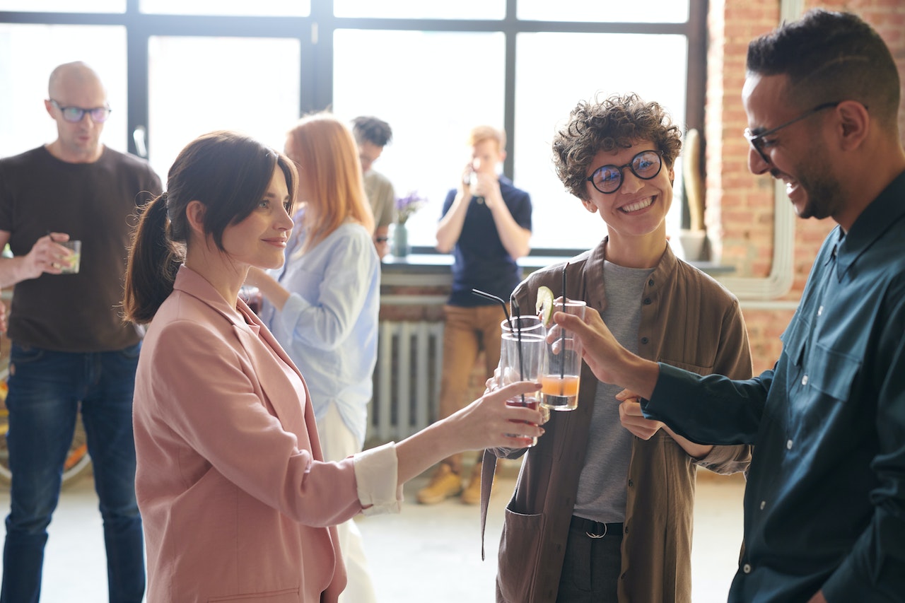 A photo of employees at a workplace event.