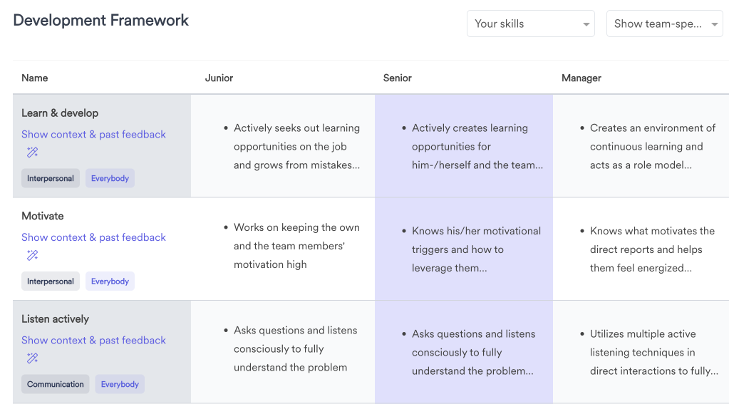 Screenshot of Leapsome's development frameworks