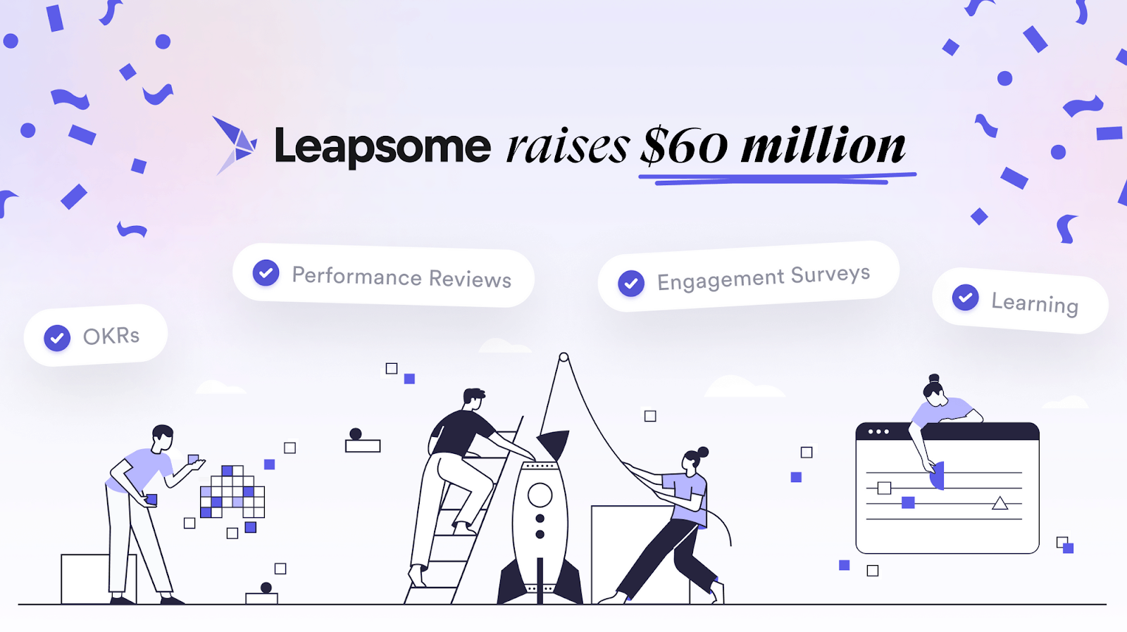 illustration announcing Leapsome's Series A funding. A banner reads "Leapsome raises $60 million"