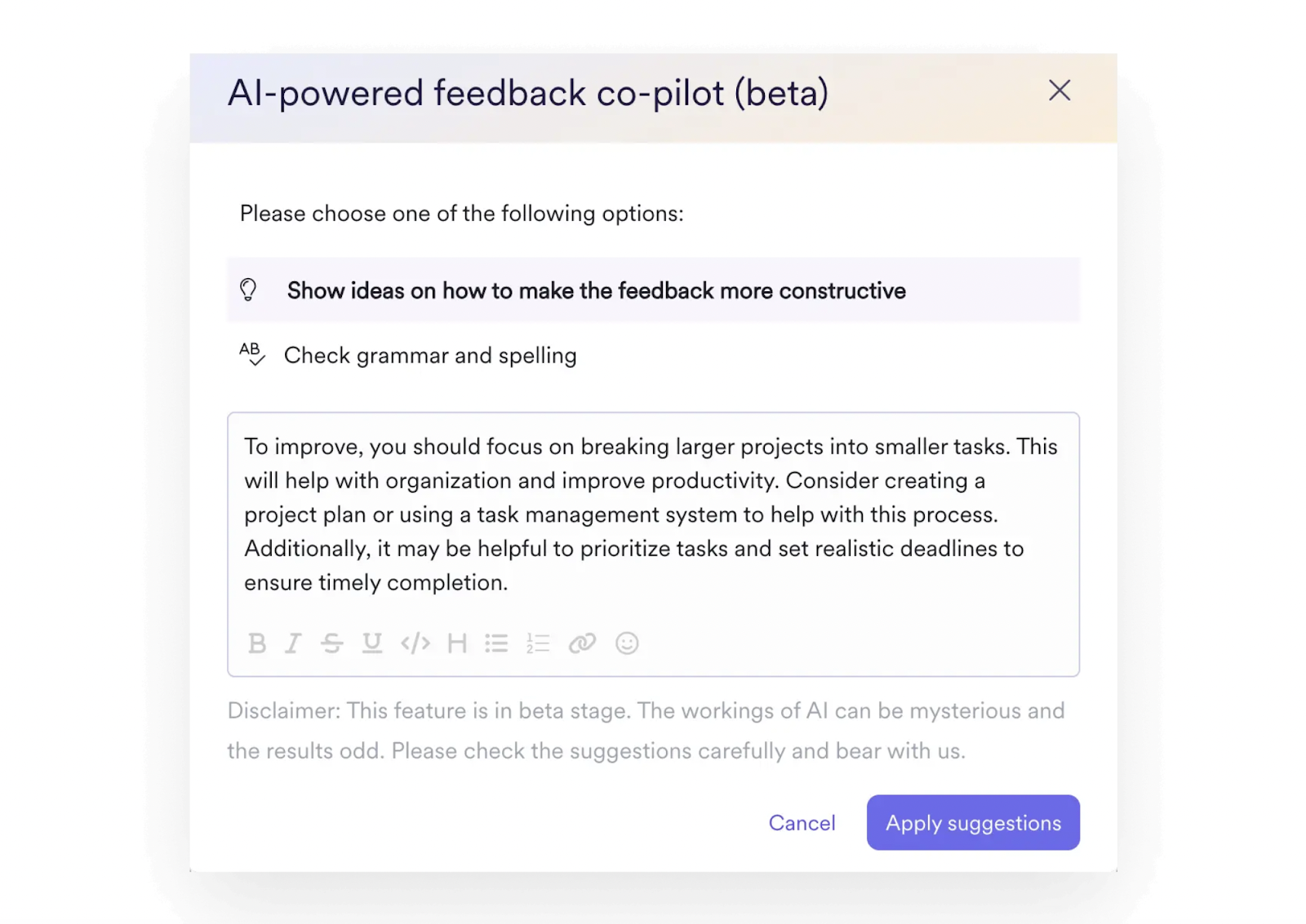 A screenshot of an interface from Leapsome Instant Feedback showing how users can leverage AI to share feedback.