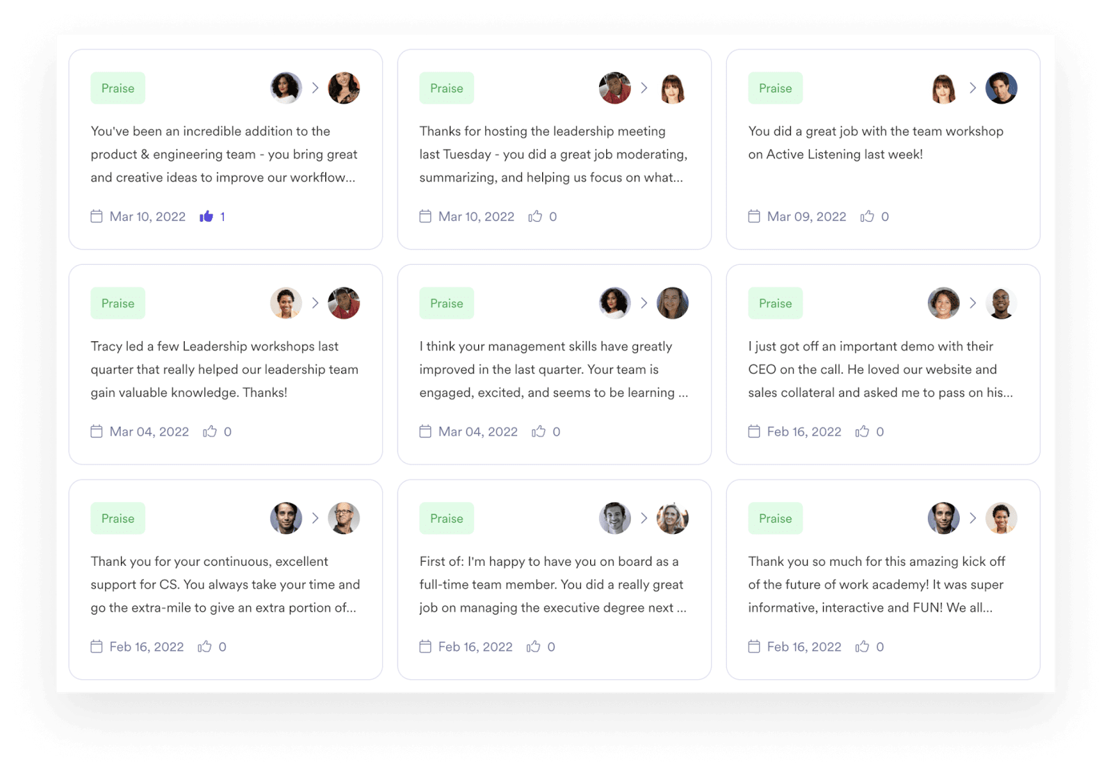 A screenshot of a Praise Wall within Leapsome Instant Feedback.