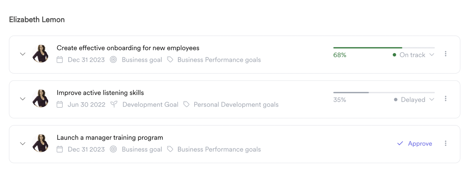 A screenshot of personal goals within Leapsome Goals.