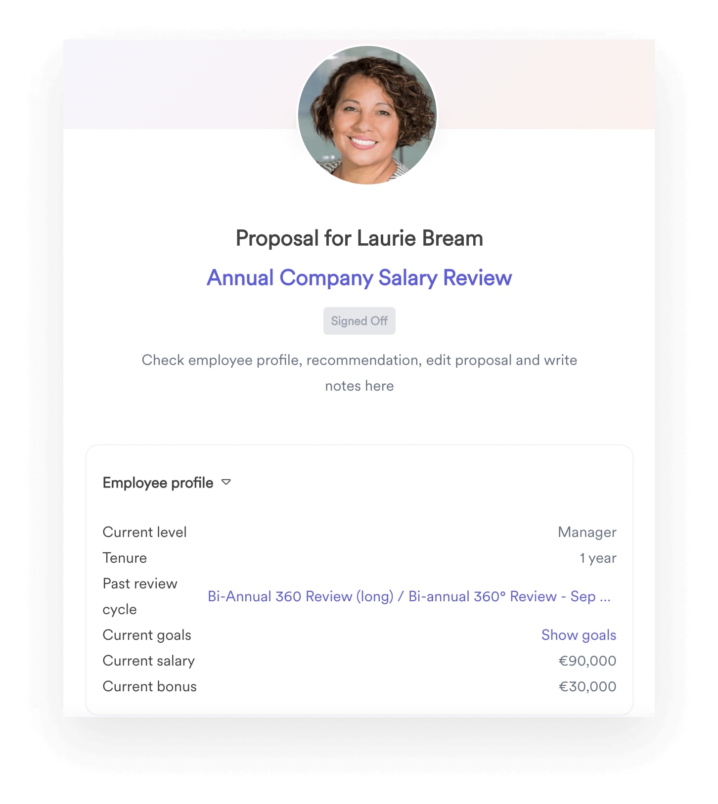 A screenshot of a salary review proposal within Leapsome Compensation.