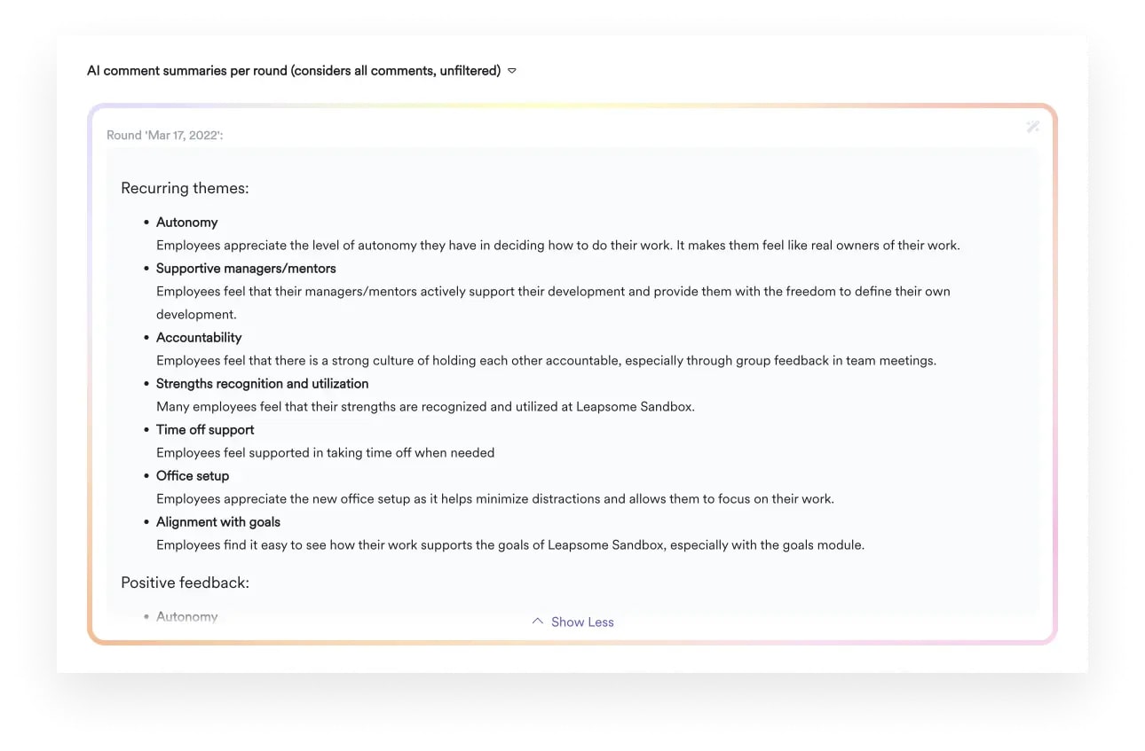 A screenshot of Leapsome's AI-powered Surveys module being used to analyze survey results.