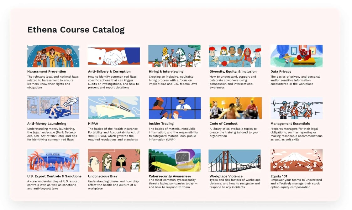 A screenshot of Ethena's course catologue within Leapsome's Learning Marketplace.