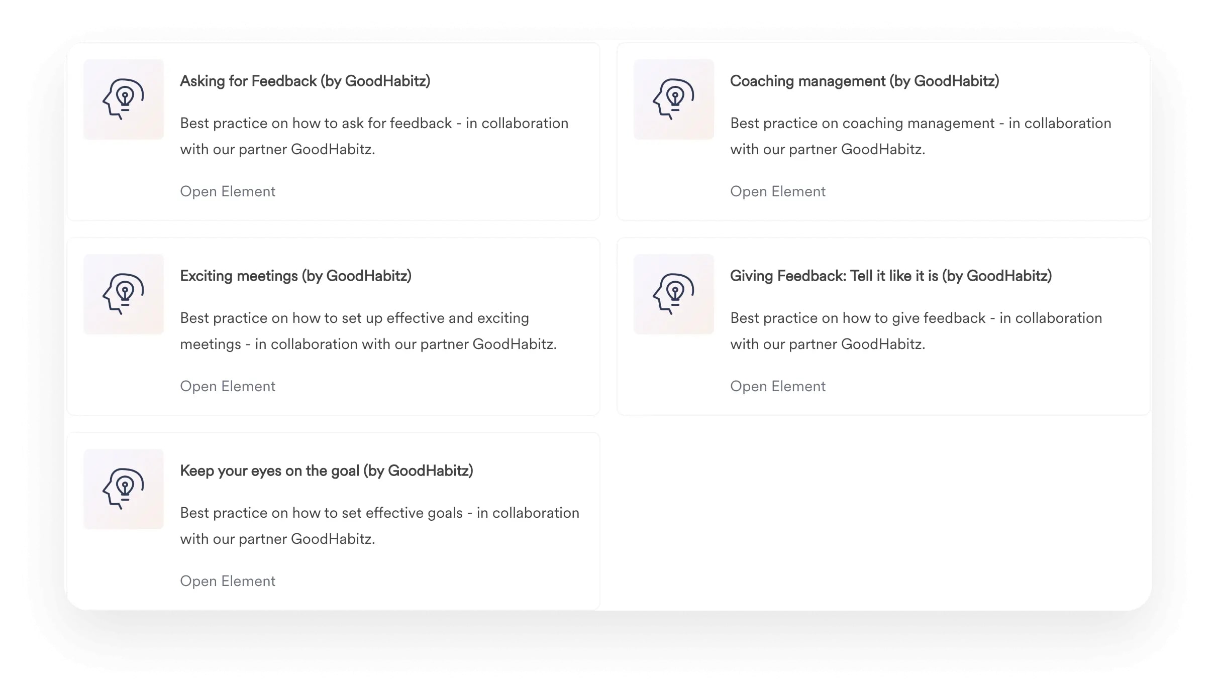 User interface of different learning paths in Leapsome’s Learn module