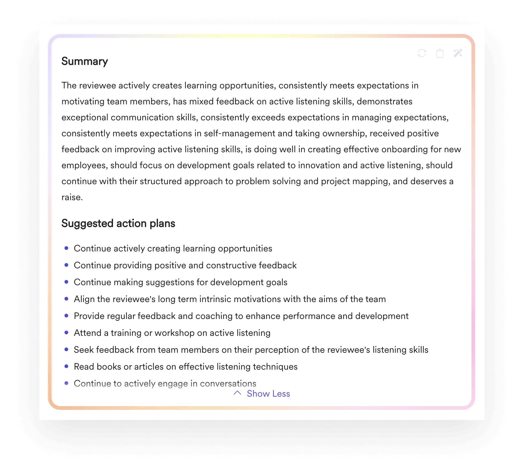 A screenshot illustrating how Leapsome Reviews uses AI to summarize key themes from reviews and generate action plans.