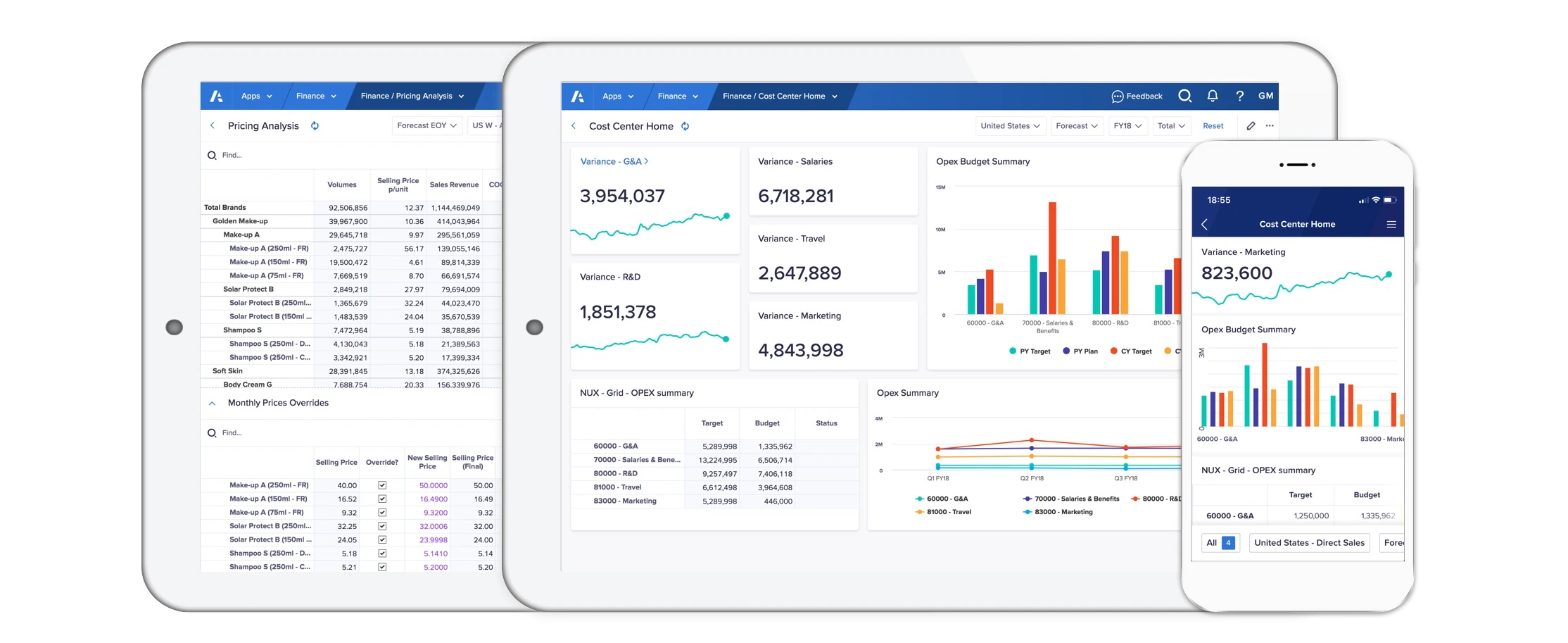 An image showing various Anaplan interfaces on mobile and desktop.