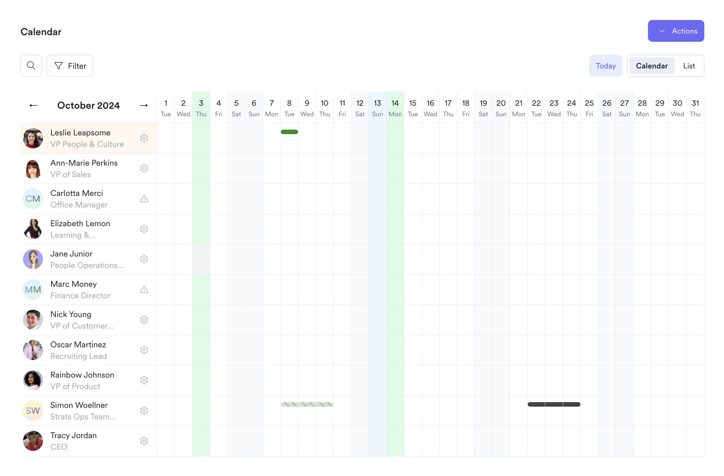 A screenshot of the absence calendar feature in Leapsome HRIS