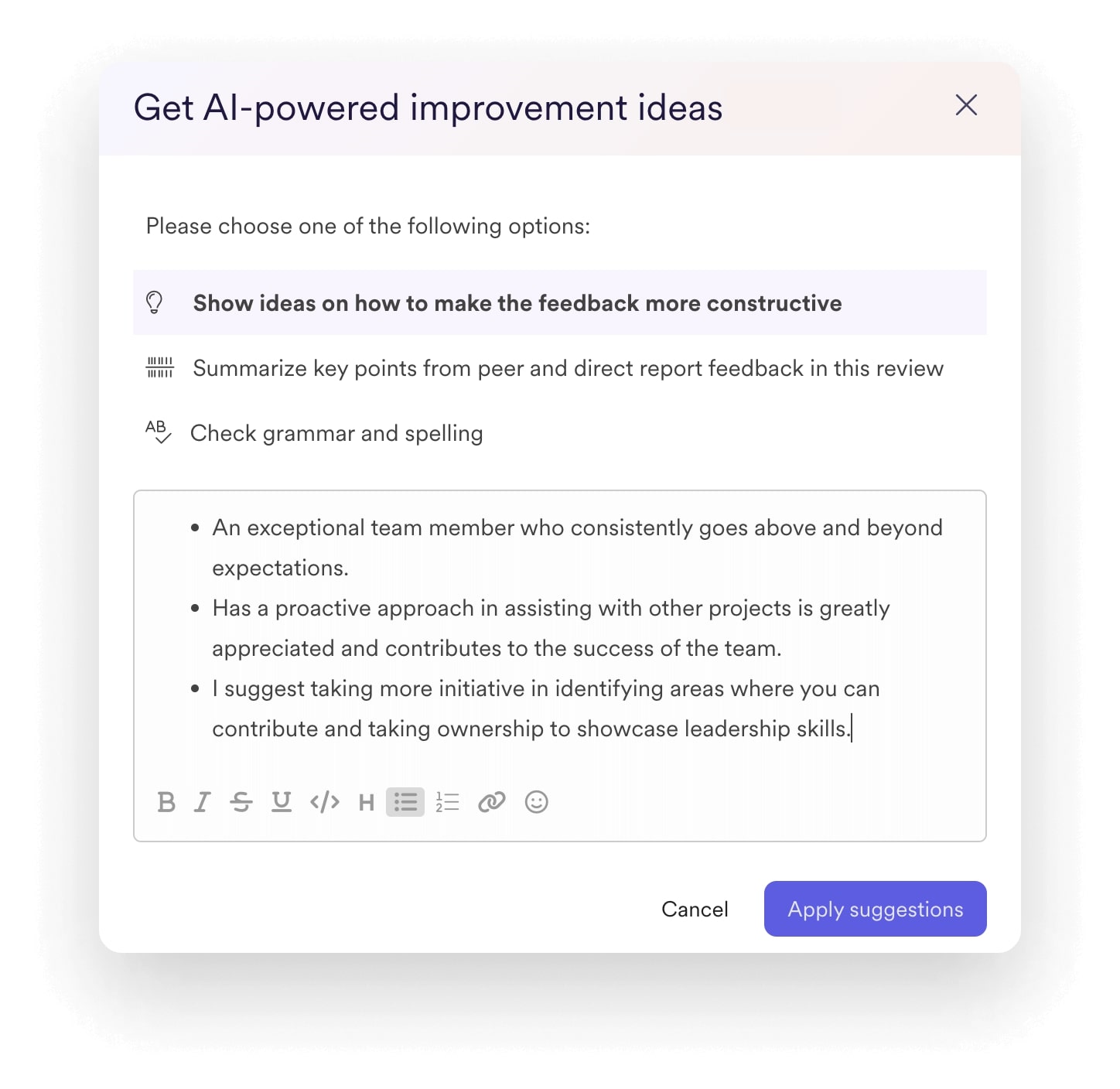 Screenshot of Leapsome's AI-powered performance review sumamries and action plans