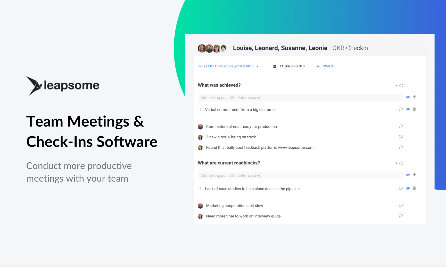 Hold high-leverage meetings with Leapsome’s new Team Check-Ins feature