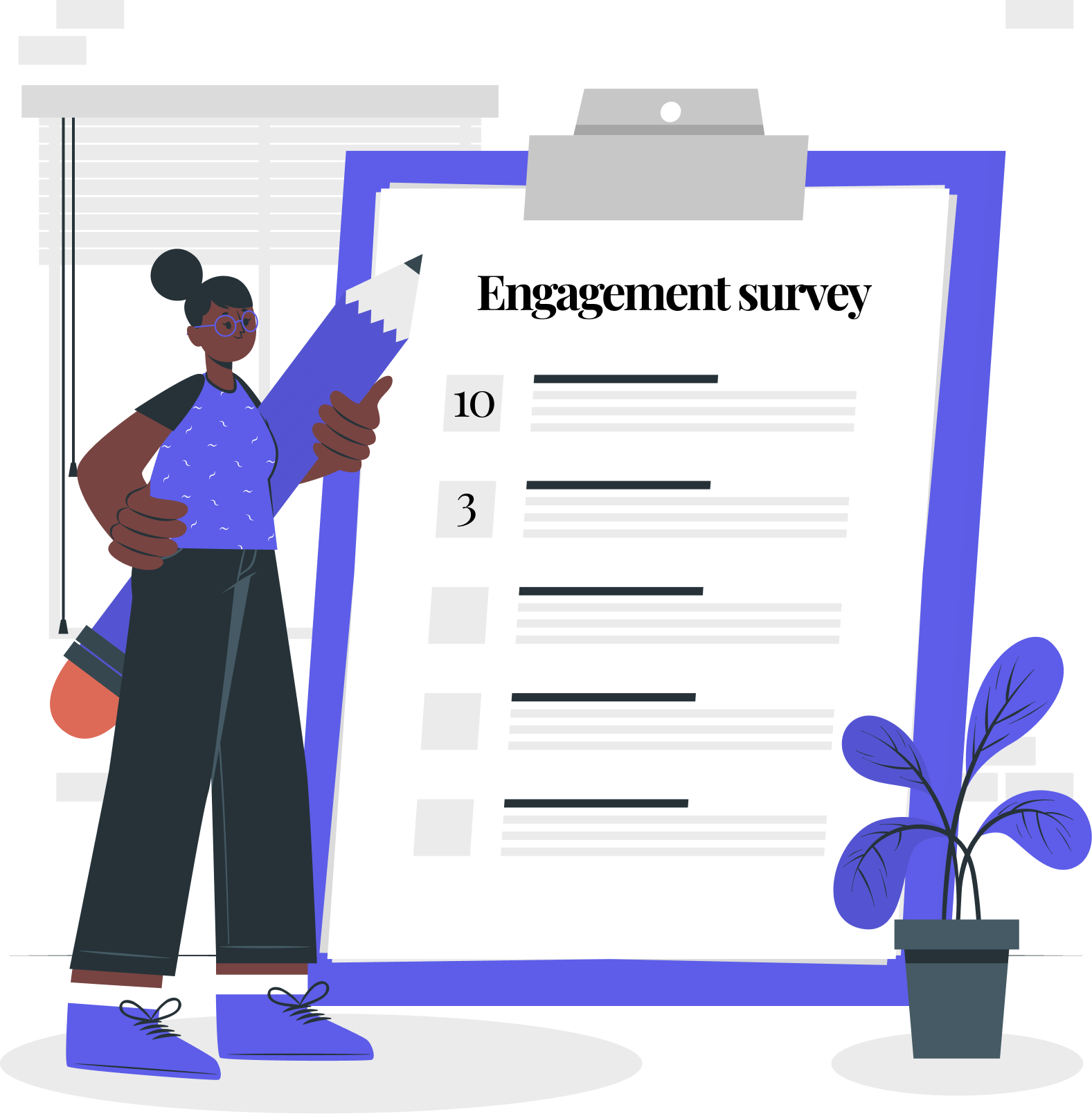 Illustration of a person holding a large pen standing in front of a clipboard. The board has a document titled engagement surveys on it with multiple points