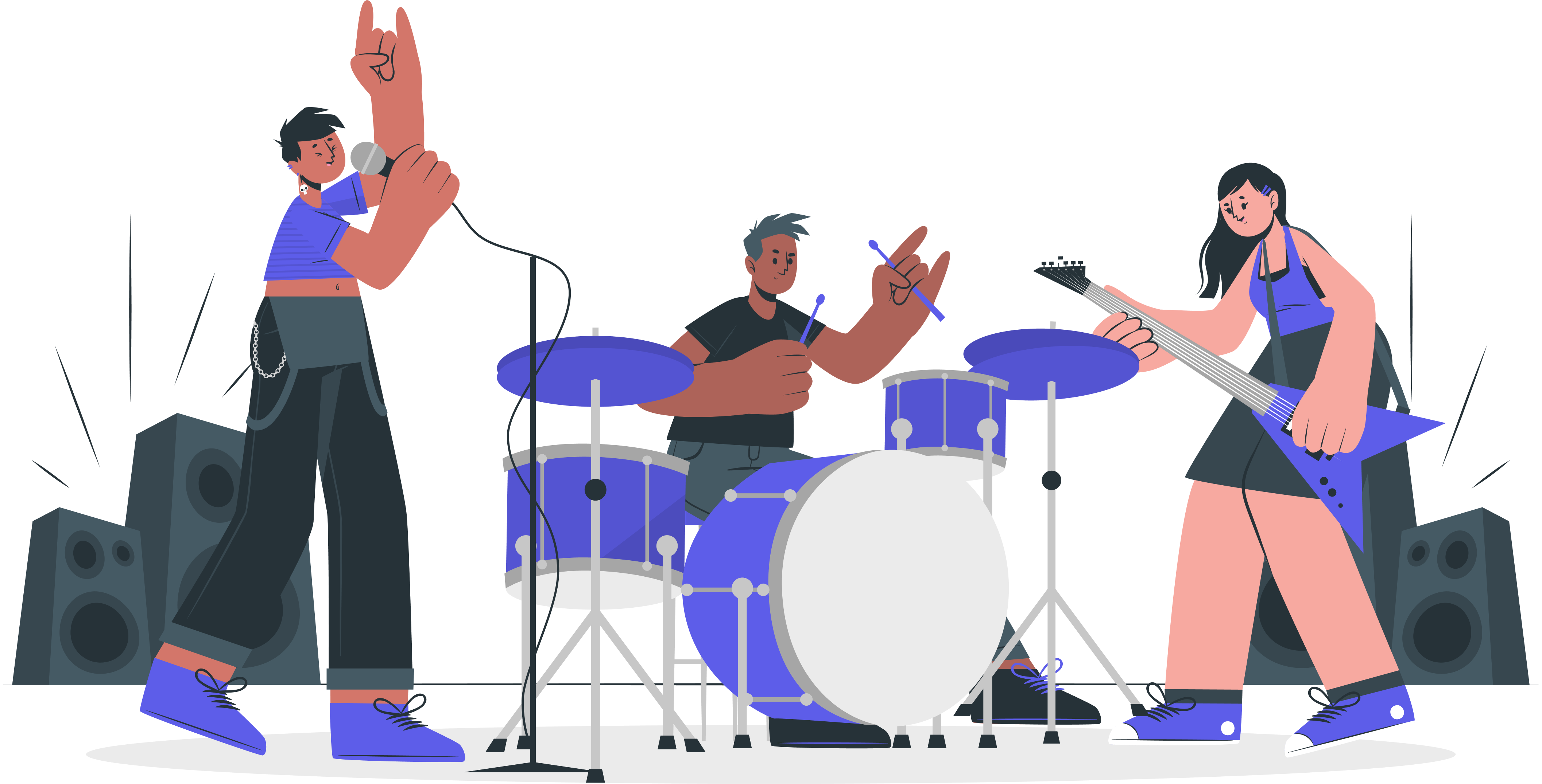 Illustration of a band composed of three people. On the left is a singer, in the middle a drummer, and on the right a guitarist.