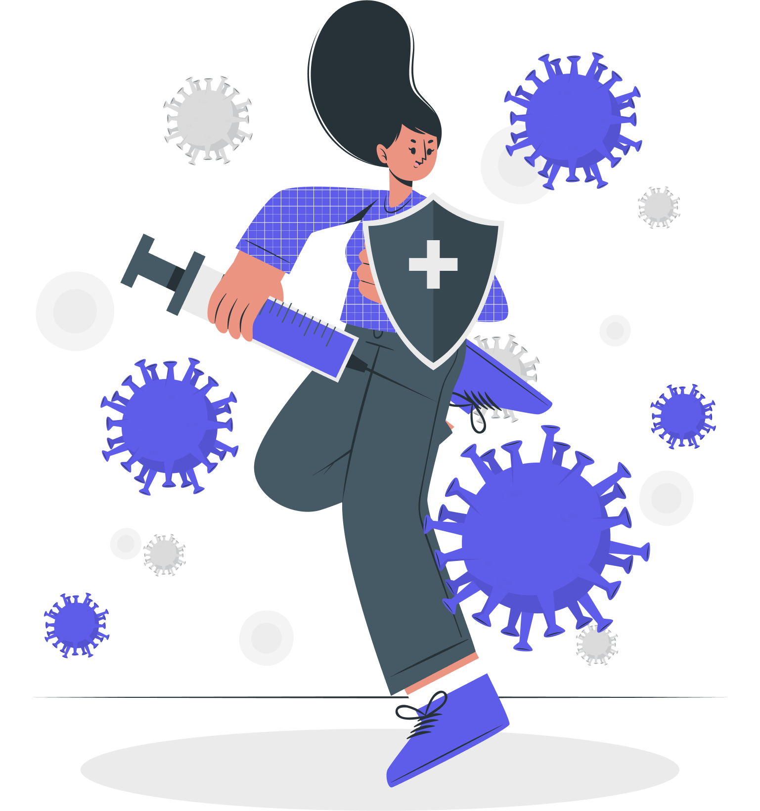 Illustration of a person in a defensive stance, holding a large syringe and a shield with a cross on it. The person is surrounded by molecular depictions of a virus.