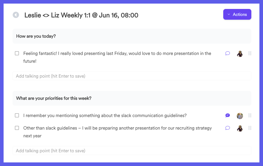 A screenshot of a  weekly 1 on 1 meeting with Liz and Leslie shows the meeting agenda and what they plan to discuss in the meeting