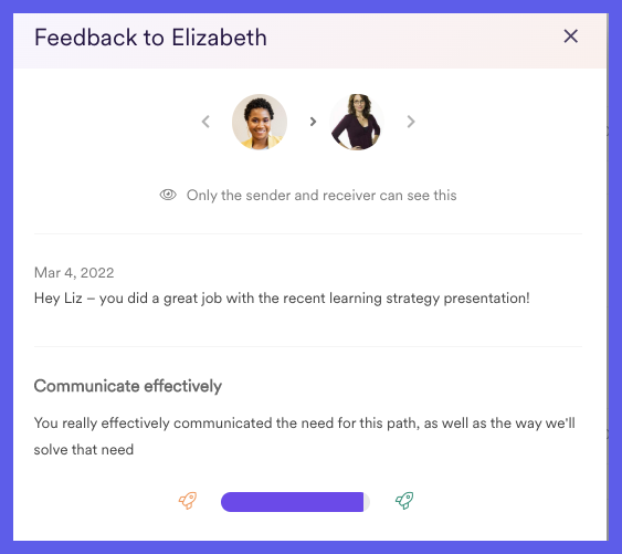 Screenshot of feedback shared between employees within the Leapsome platform