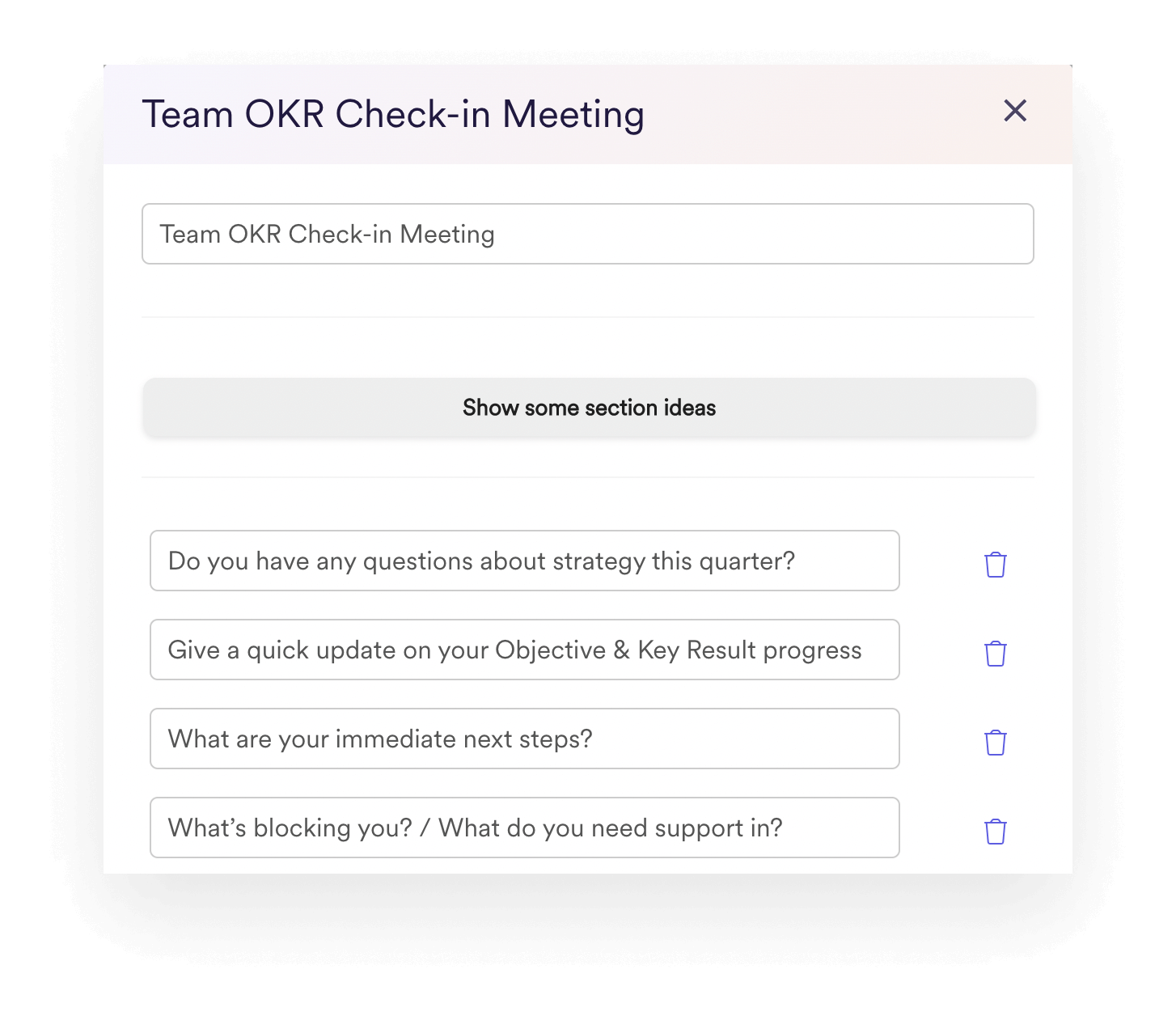 Leapsome’s customizable settings for team OKR check-in meetings.