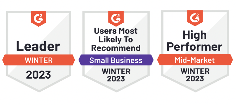 An image of three G2 badges awarded to Leapsome for Winter 2023. The badges are Leader, Users most likely to recommend, and high performer