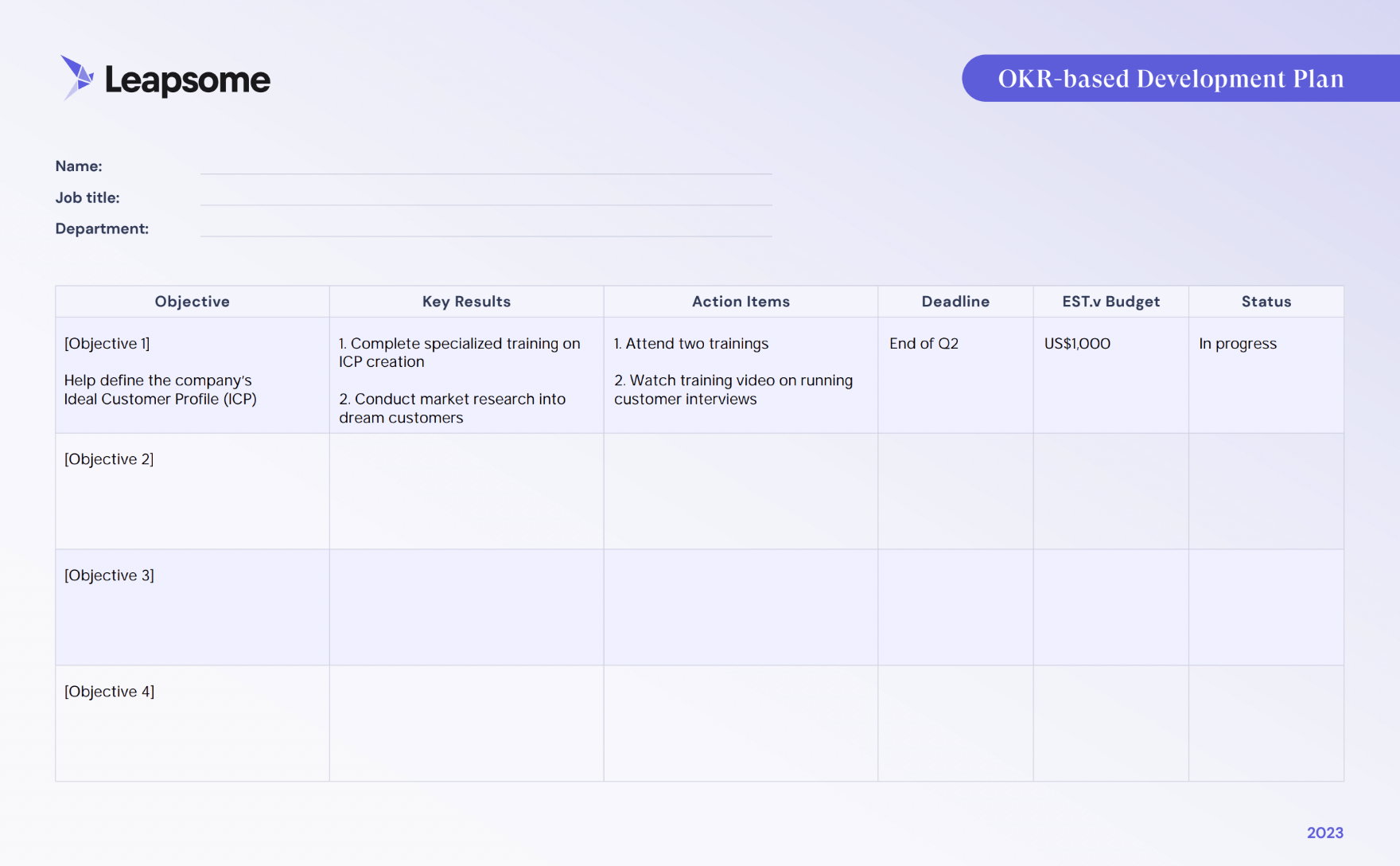 A screenshot of Leapsome’d OKR-based Development Plan template.