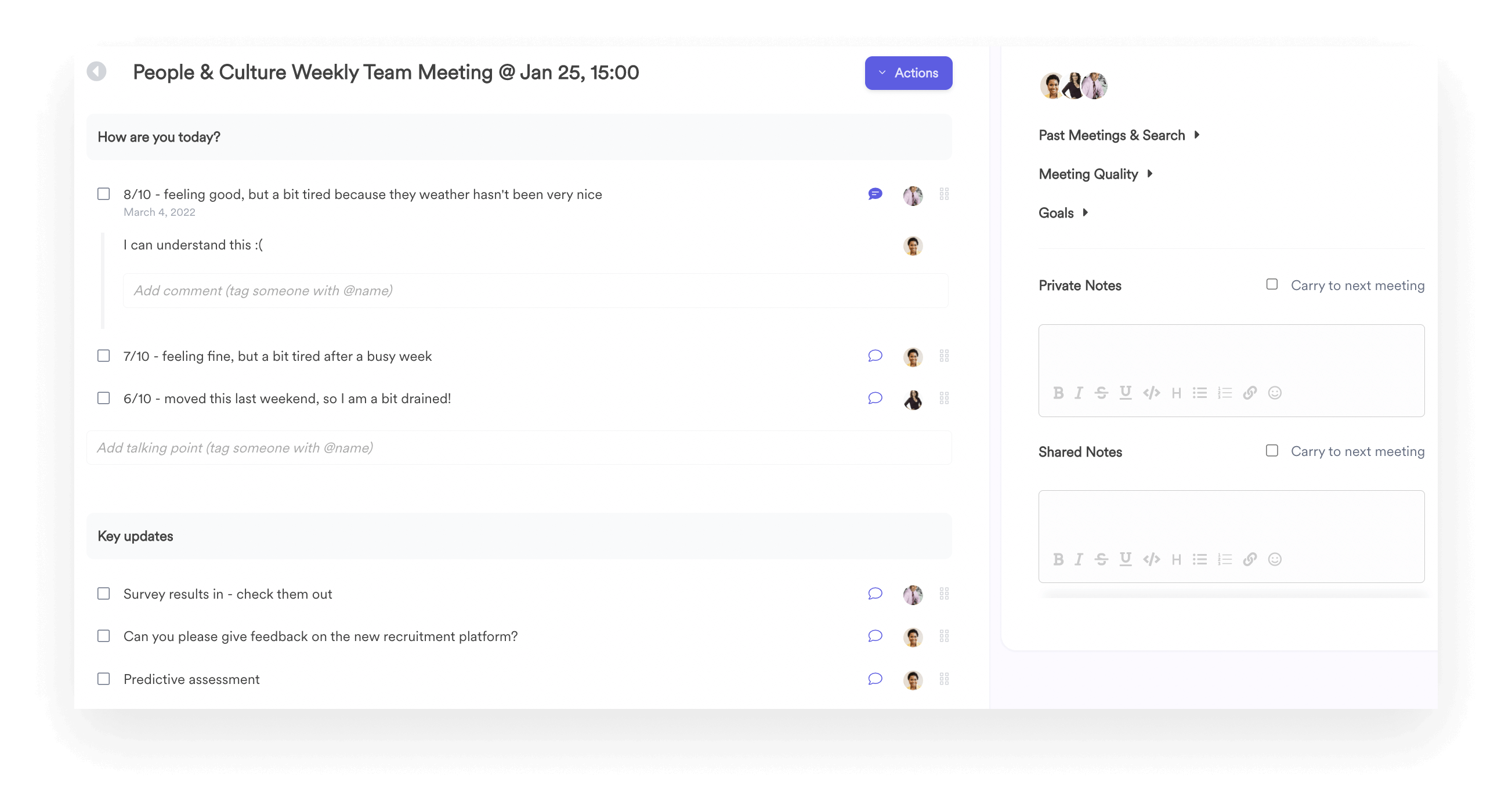 A screenshot of a team agenda in Leapsome’s Meetings module.