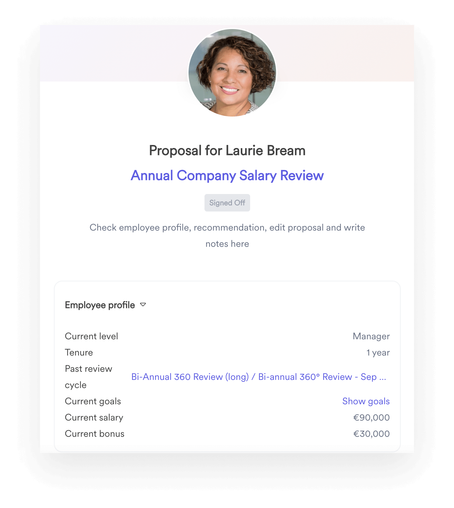 Screenshot of Leapsome's compensation tool showing an annual company salary review