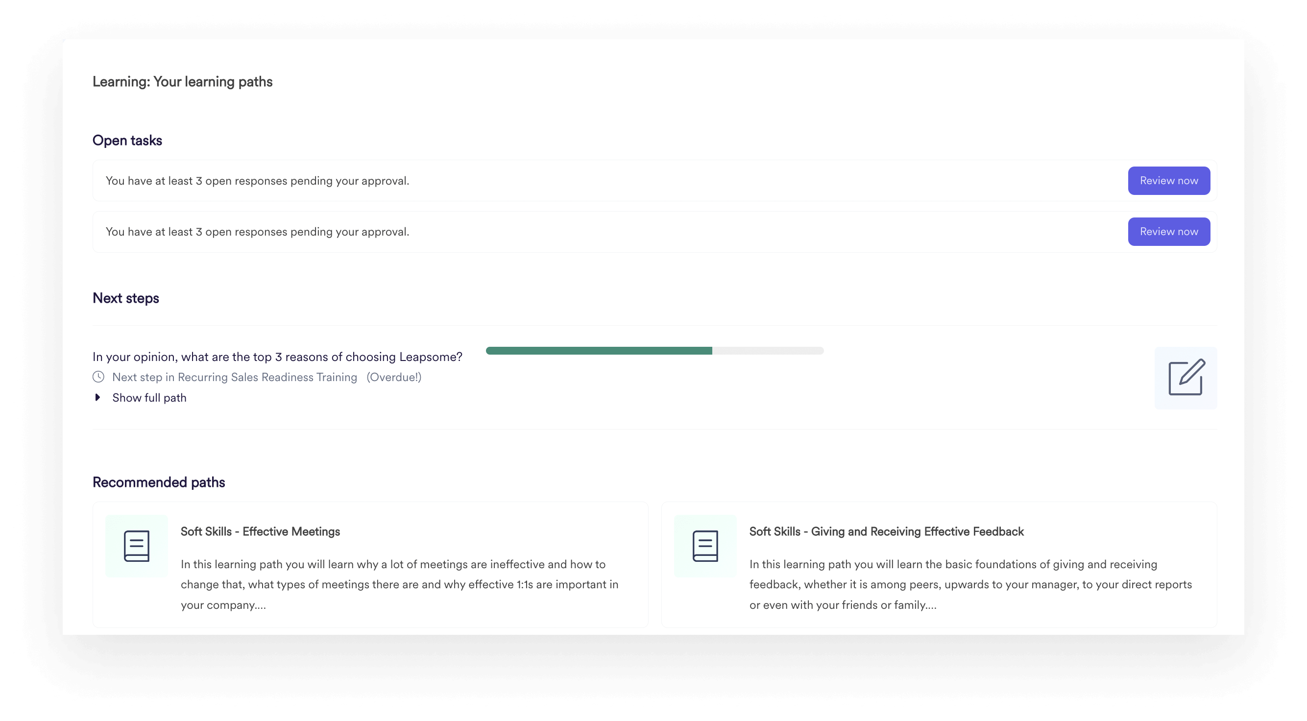 A screenshot of Leapsome’s Learning module featuring recommended learning paths.