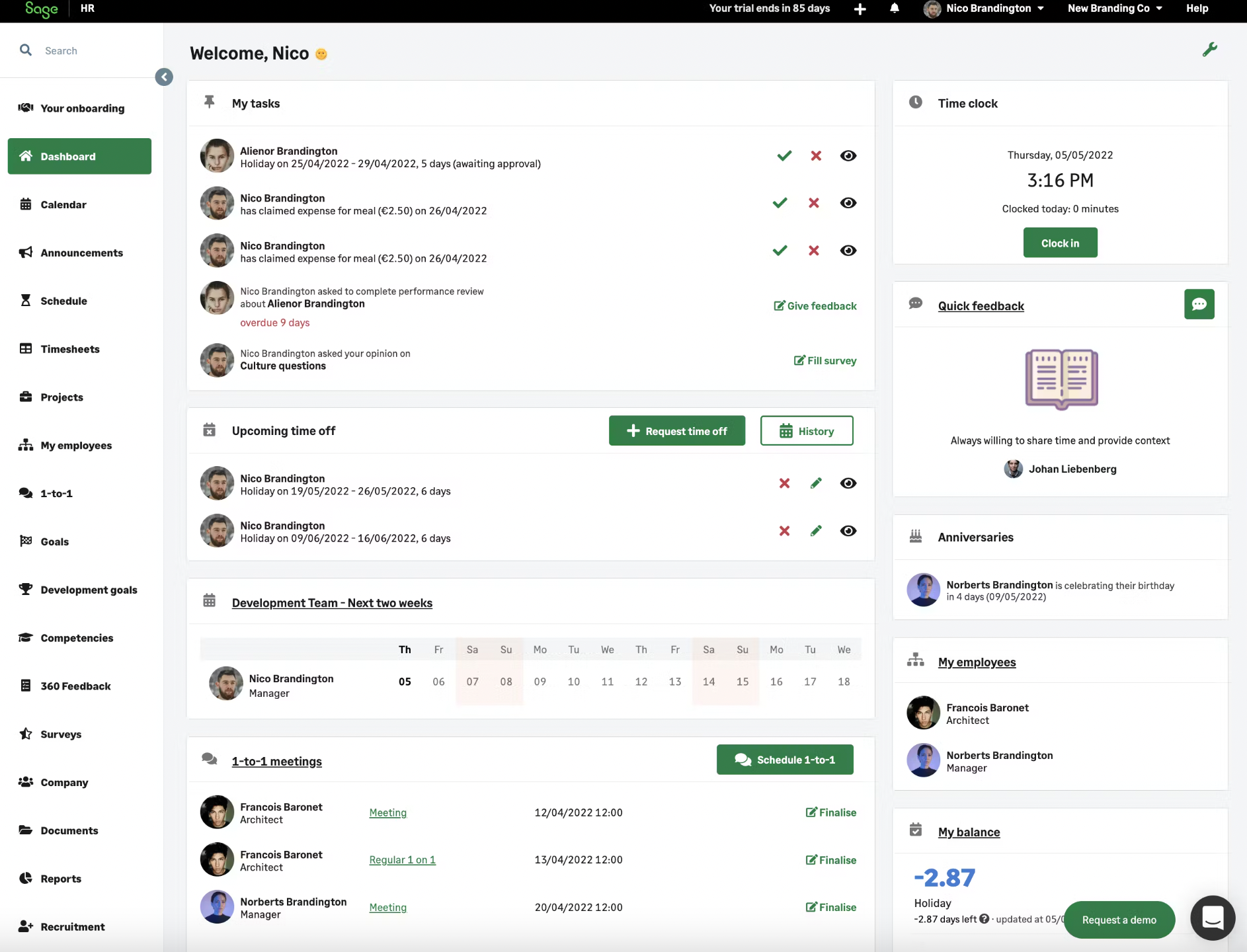 A screenshot of a home dashboard interface within Sage HR.