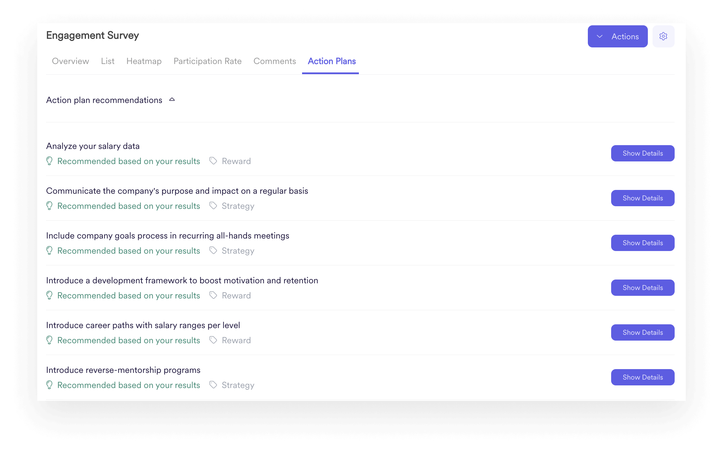 Image of Leapsome's interface showing engagement survey action plan recommendations 