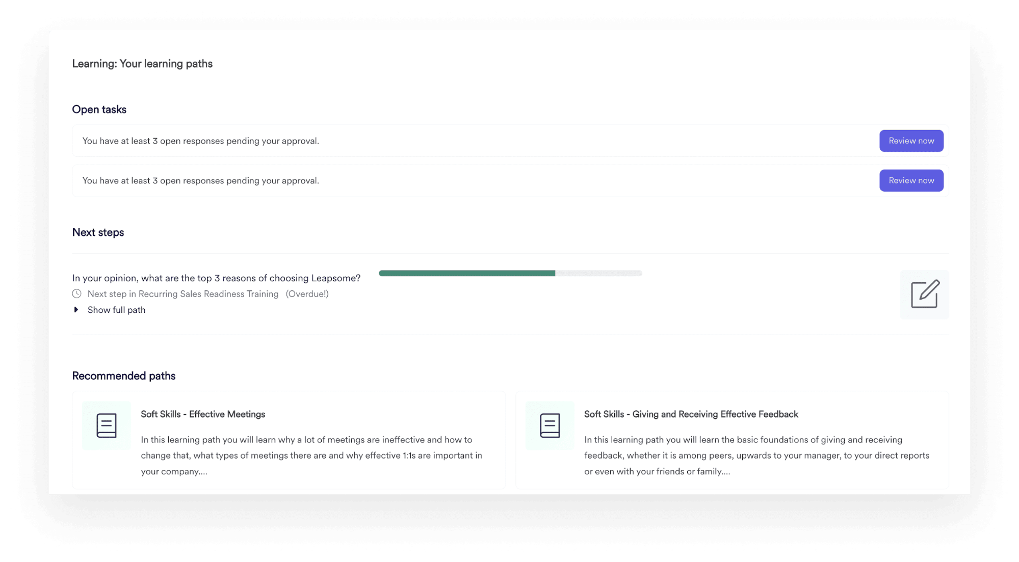 A screenshot of an interface from Leapsome’s Learning Paths dashboard.