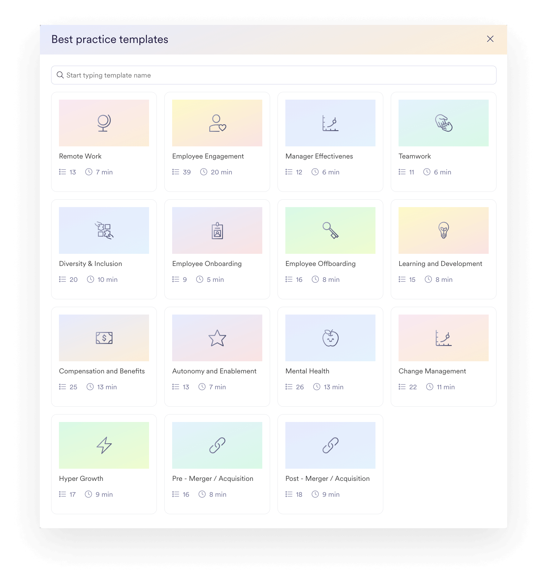 A screenshot of an interface within Leapsome Surveys that shows best-practice templates.