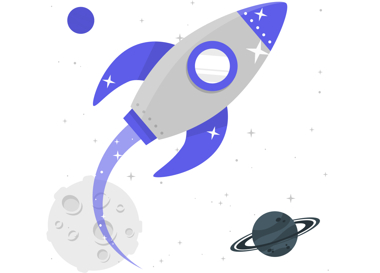 Illustration of rocket flying close to the moon and Saturn