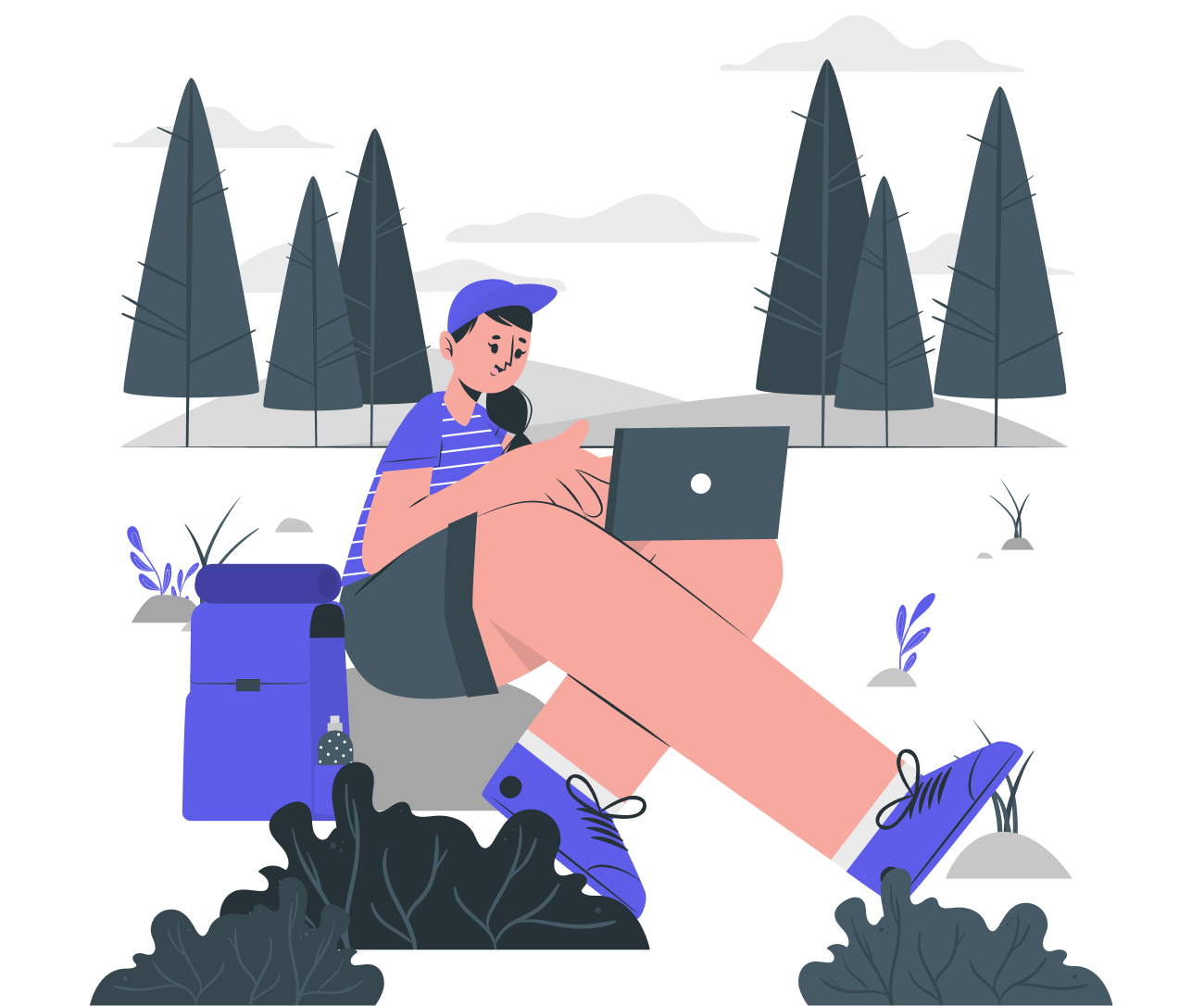 Illustration of person using laptop in a natural setting, trees in the background