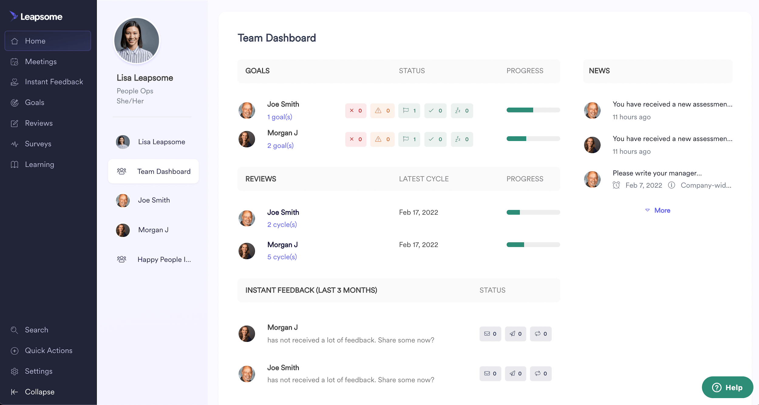 User interface of the Leapsome platform’s Manager Dashboard