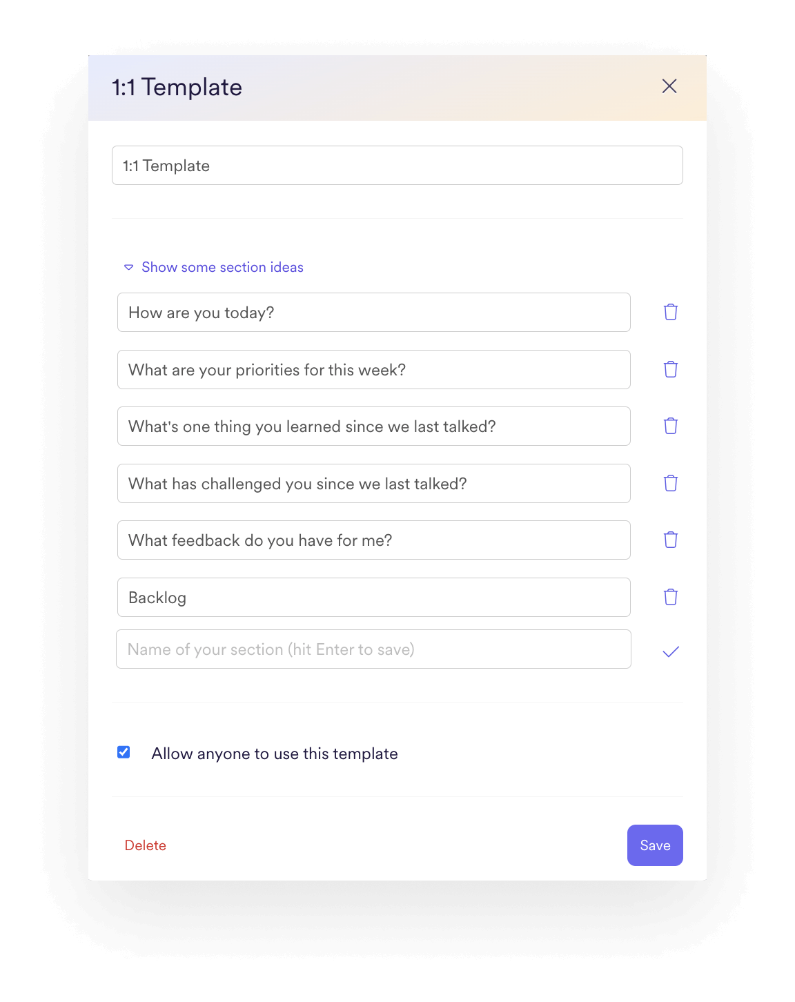 A screenshot of Leapsome’s 1:1 meeting template from the Meetings module.