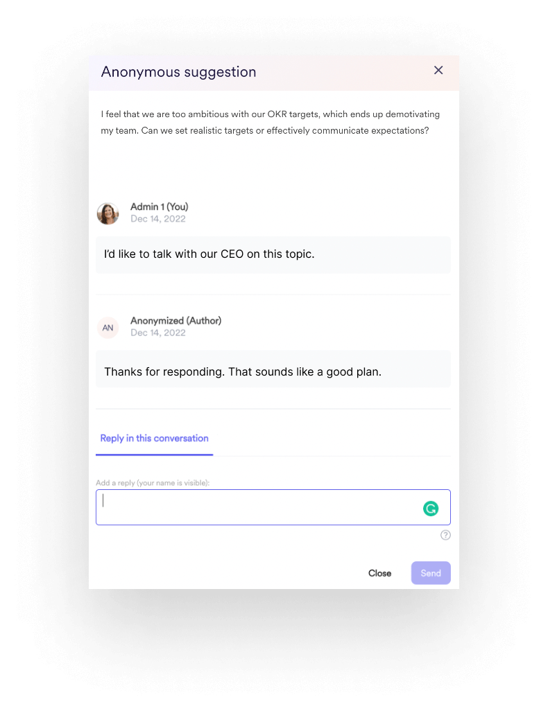 View of how a conversation on a anonymous suggestion looks within the Leapsome platform