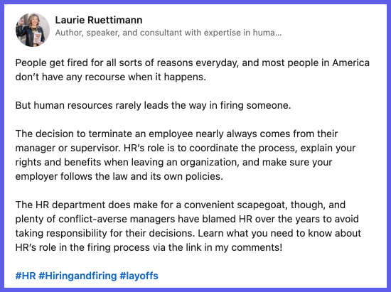 LinkedIn post by HR influencer Laurie Ruettimann