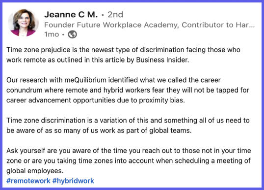 A screenshot of a Linkedin post shared by Jeanne Meister.