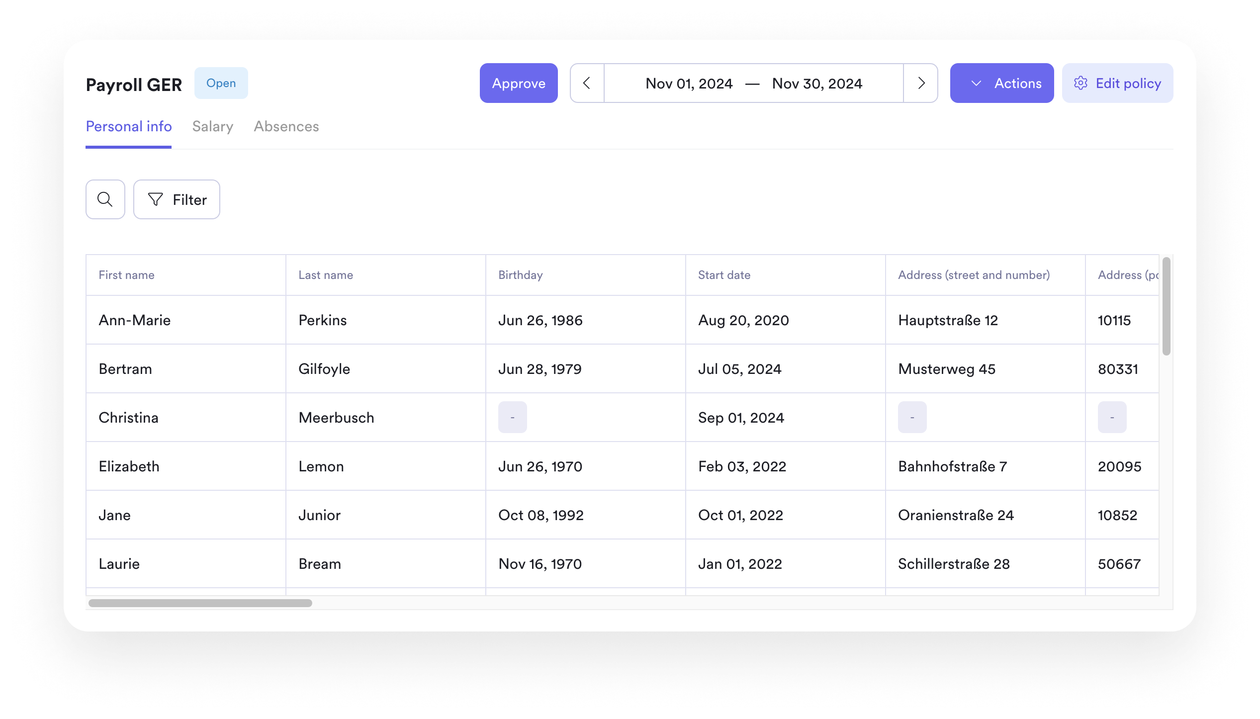 A screenshot of a Leapsome Payroll interface.