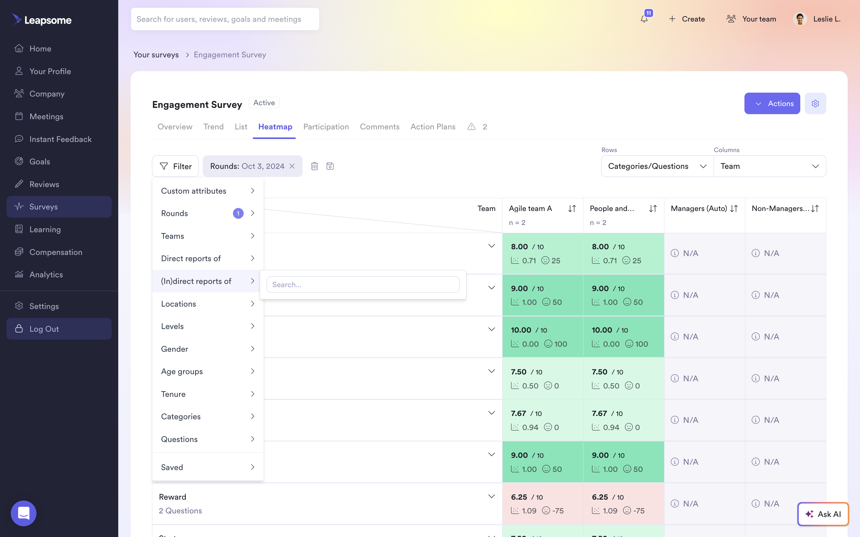 Image of the Leapsome platform's Indirect Report Filters for survey analytics