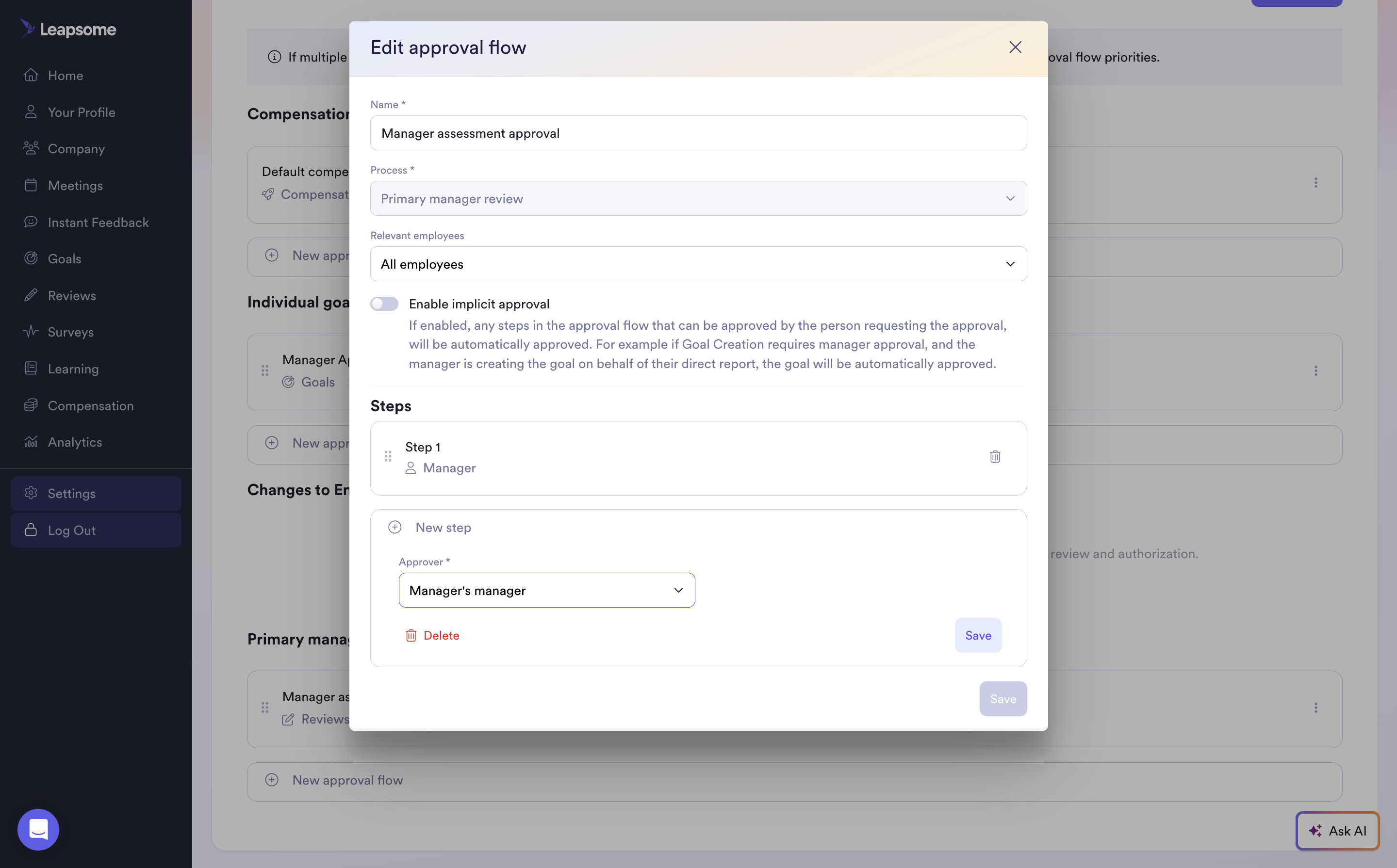 Image of the Leapsome platform's Multilevel Approvals feature for performance reviews