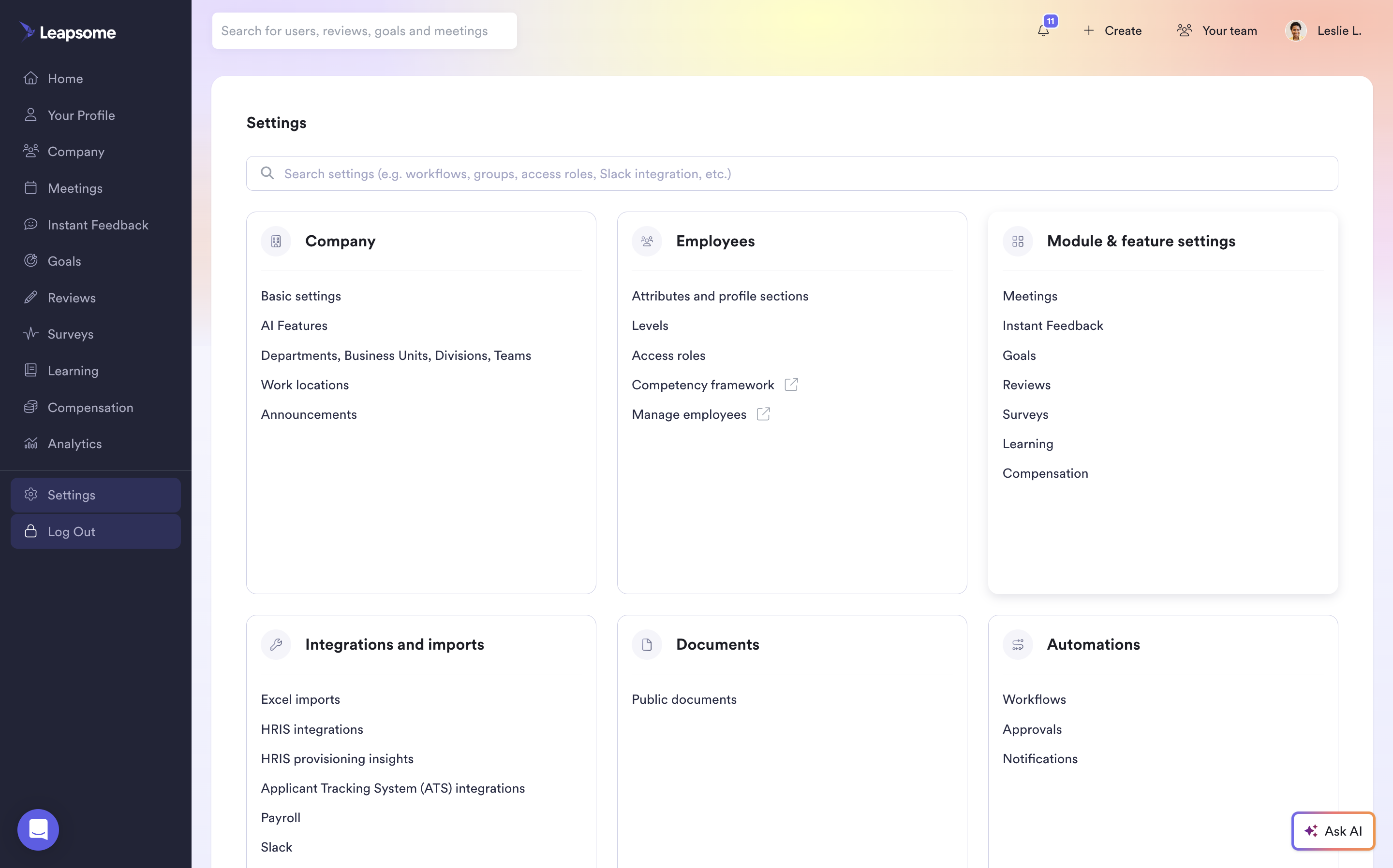 Image of the Leapsome platform's new Admin settings navigation