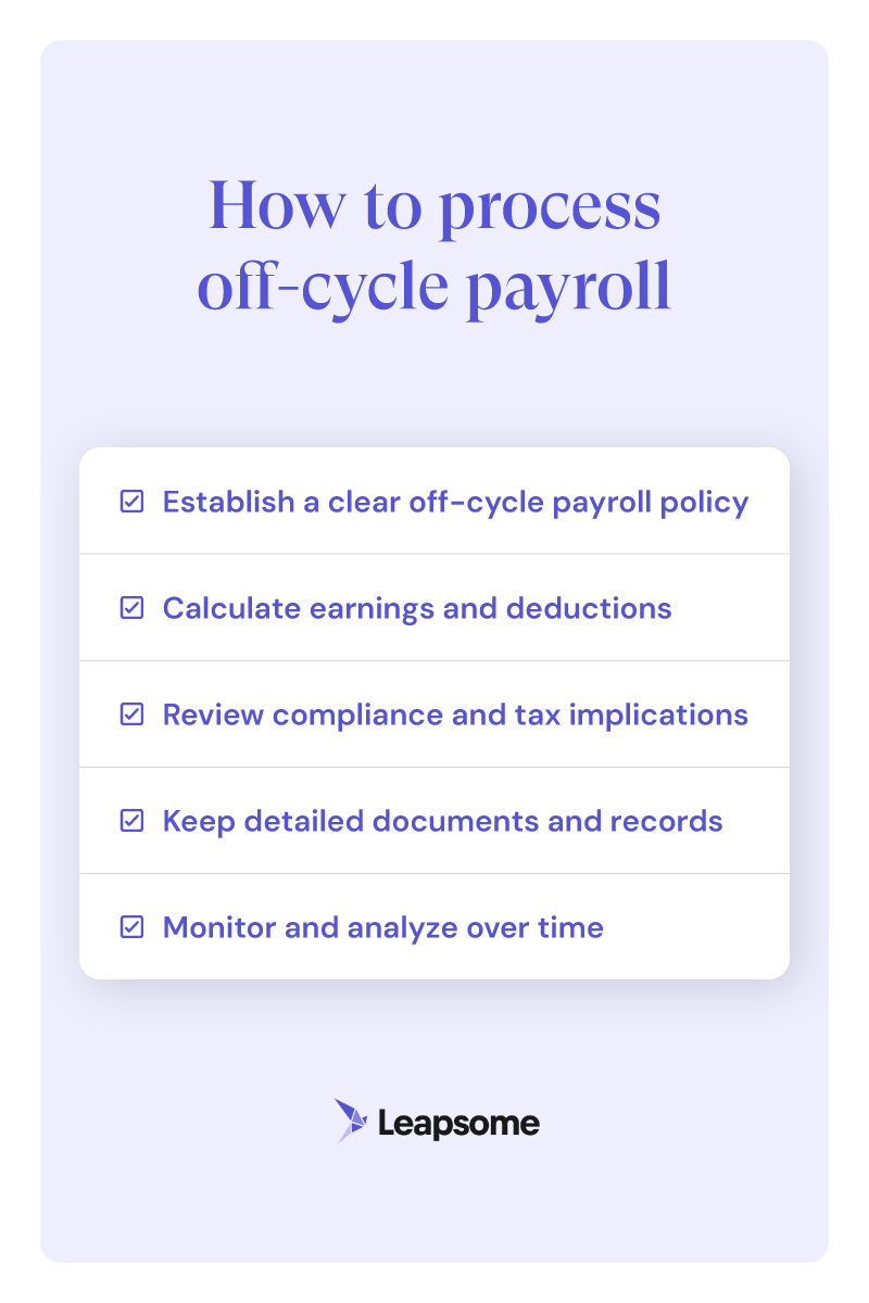 A checklist-style infographic detailing suggestions for proper off-cycle payment management, from establishing a clear strategy to monitoring and analyzing it over time.